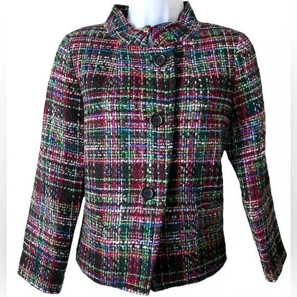 TALBOTS | Multicolored Tweed Wool Blend 90s Blazer Jacket Size 8P - Picture 1 of 9